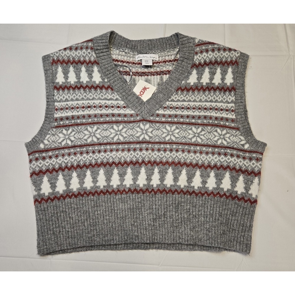 NWT London Kaye Sweater‎ Vest Womens Medium Gray Red White Fair Isle Holiday Y2K